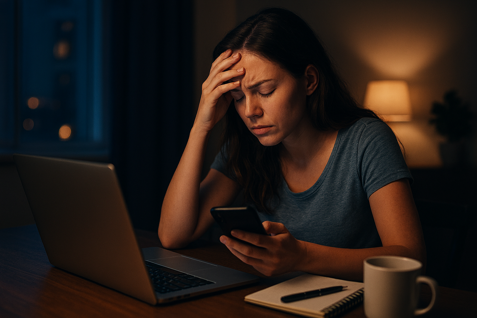 Stressed property owner managing Airbnb messages